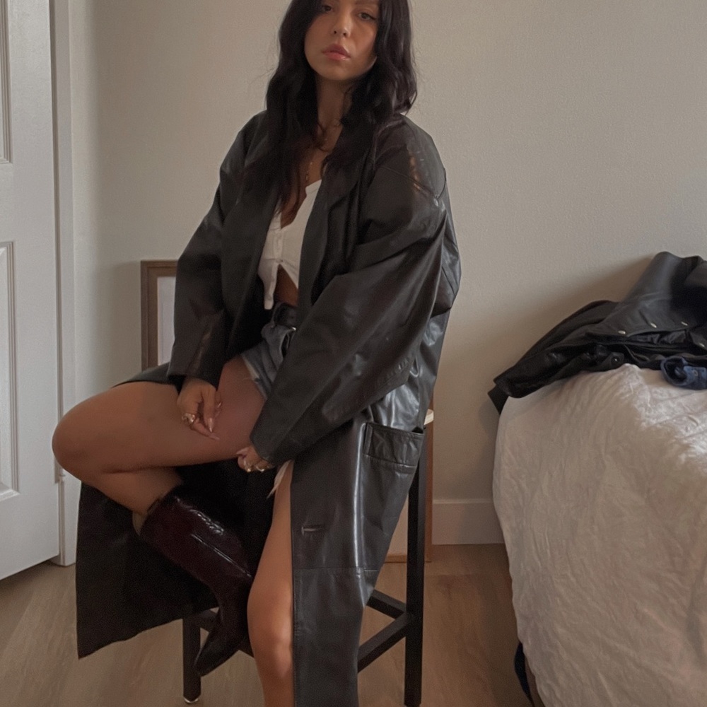 Genuine leather vintage trench coat